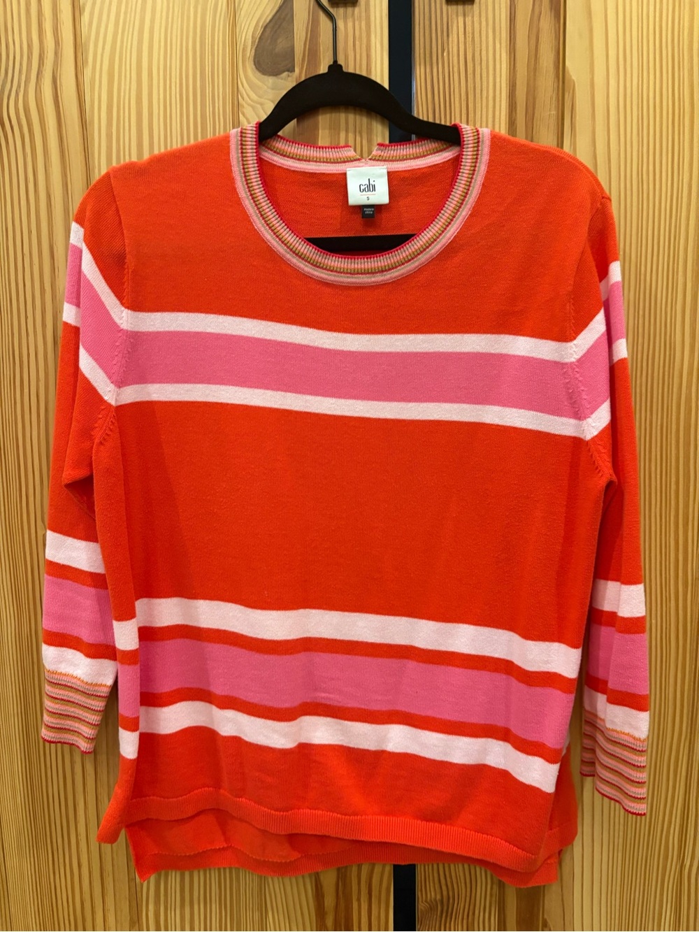 CAbi Striped Crewneck Sweater in Orange and Pink